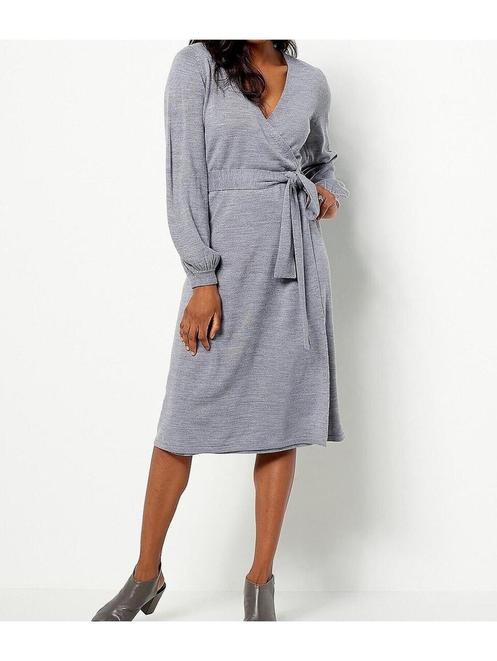 3091 Girl With Curves Ribbed Faux Wrap Sweater Dress Heather Grey sz XXS
